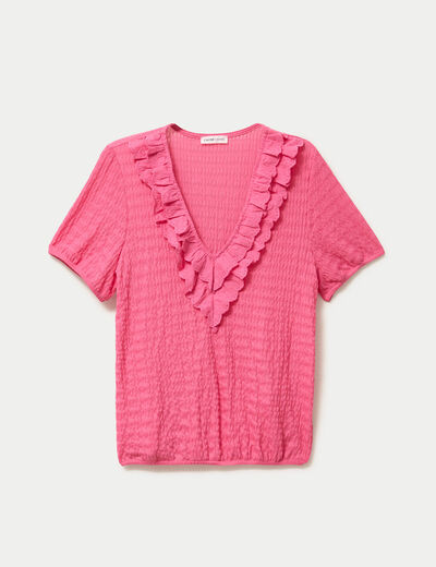 Blouse pliss&eacute;e col v manches courtes rose fushia femme