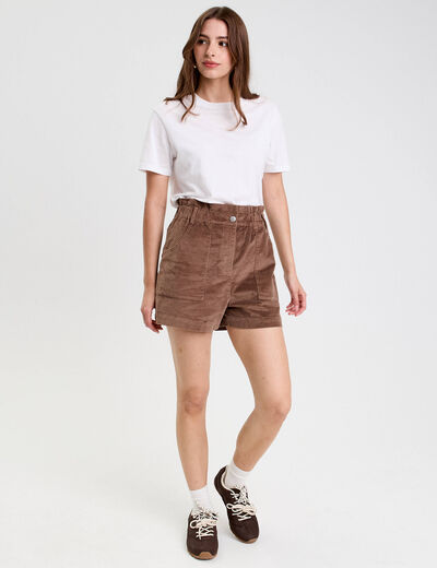 Short taille haute en velours taupe femme