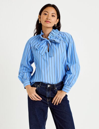 Blouse ample col montant manches longues bleu femme