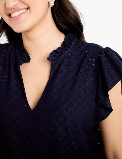 Blouse ajour&eacute;e col v manches courtes bleu marine femme