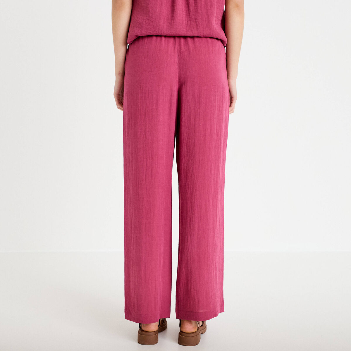 Pantalon large taille haute en cr&ecirc;pe prune femme