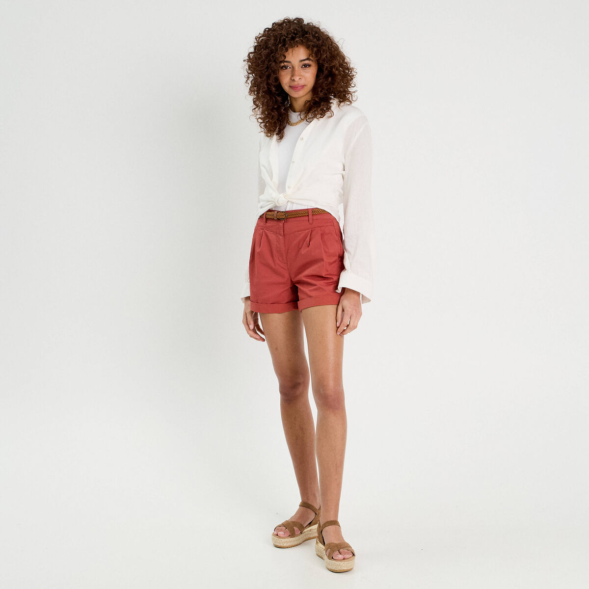 Short chino ceintur&eacute; vieux rose femme