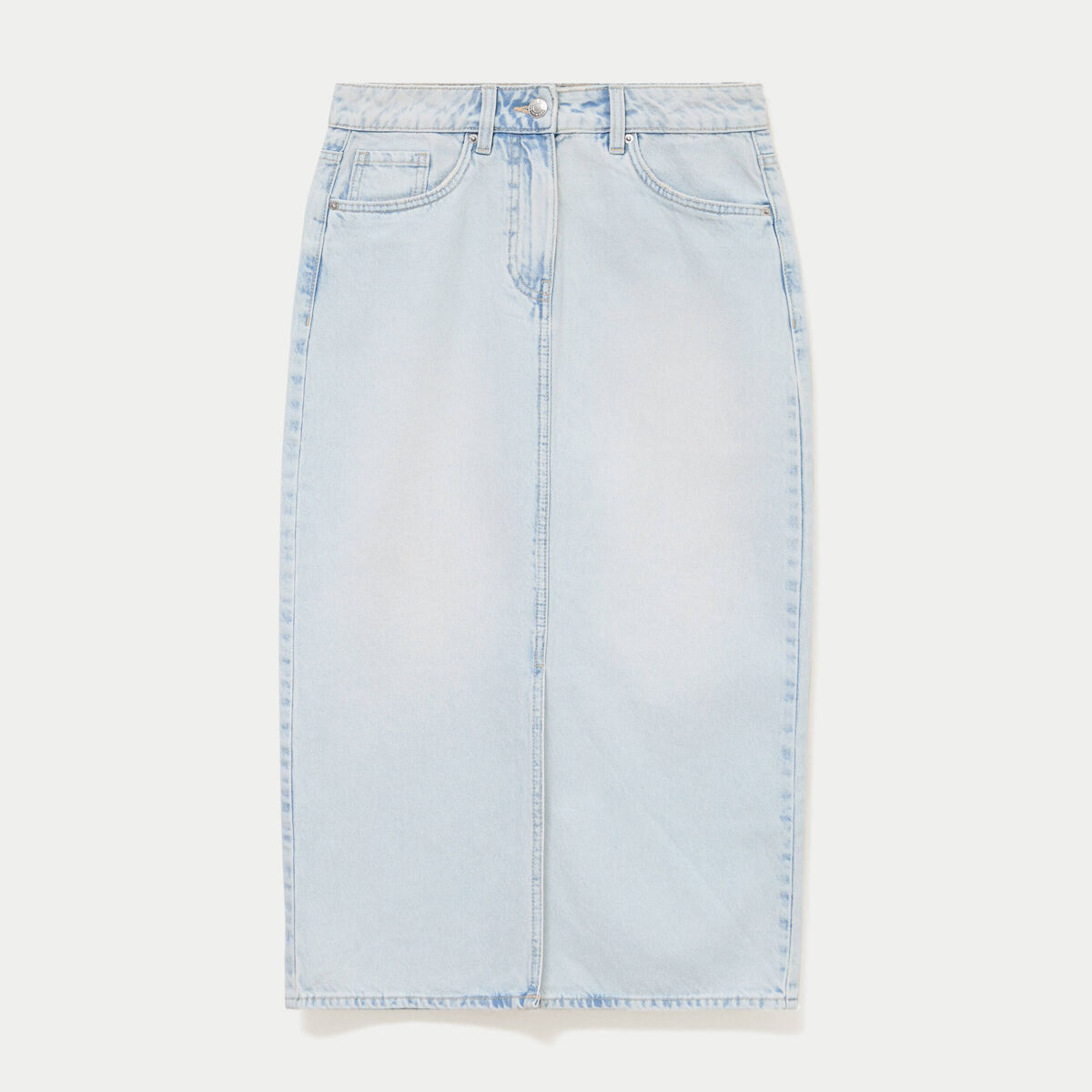 Jupe droite midi en jean 5 poches denim bleach femme