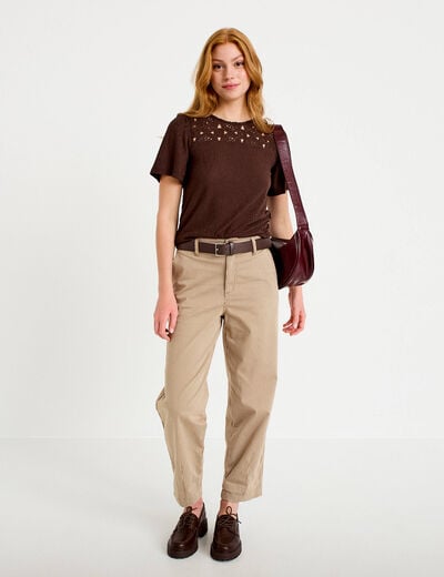 T-shirt manches courtes aspect dentelle marron fonc&eacute; femme