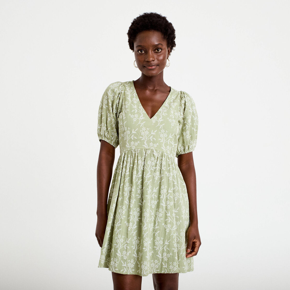 Robe droite courte col v manches courtes vert femme