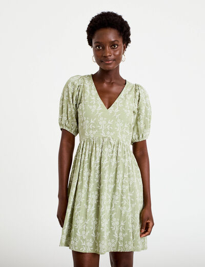 Robe droite courte col v manches courtes vert femme