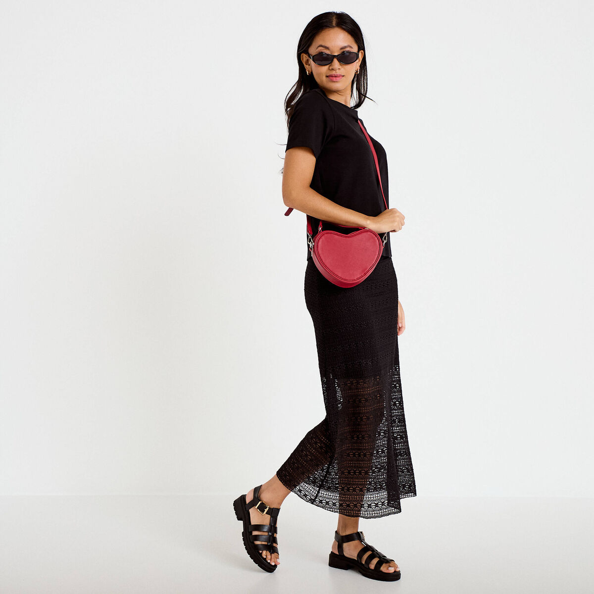 Jupe longue droite en dentelle noir femme