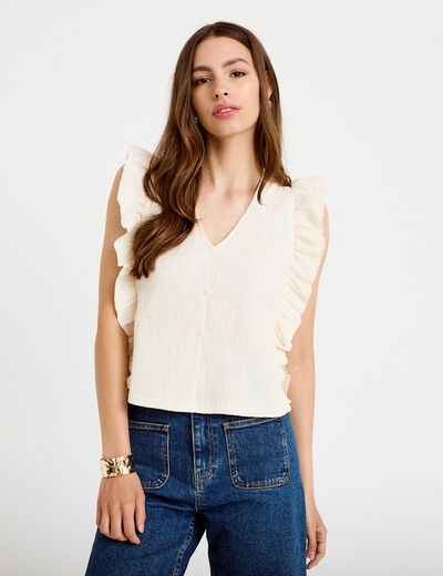T-shirt sans manches col v brod&eacute; ecru femme