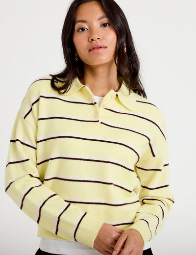 Polo manches longues col chemise jaune clair femme
