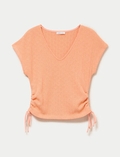 T-shirt ajour&eacute; d&eacute;tails cordons rose saumon femme