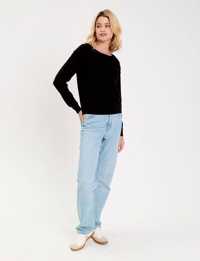 Pull fin col rond manches longues noir femme