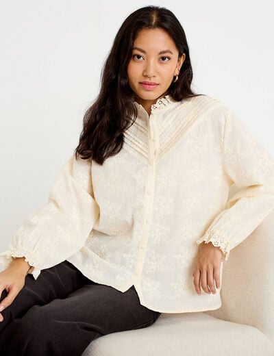 Blouse ample col montant manches longues ivoire femme