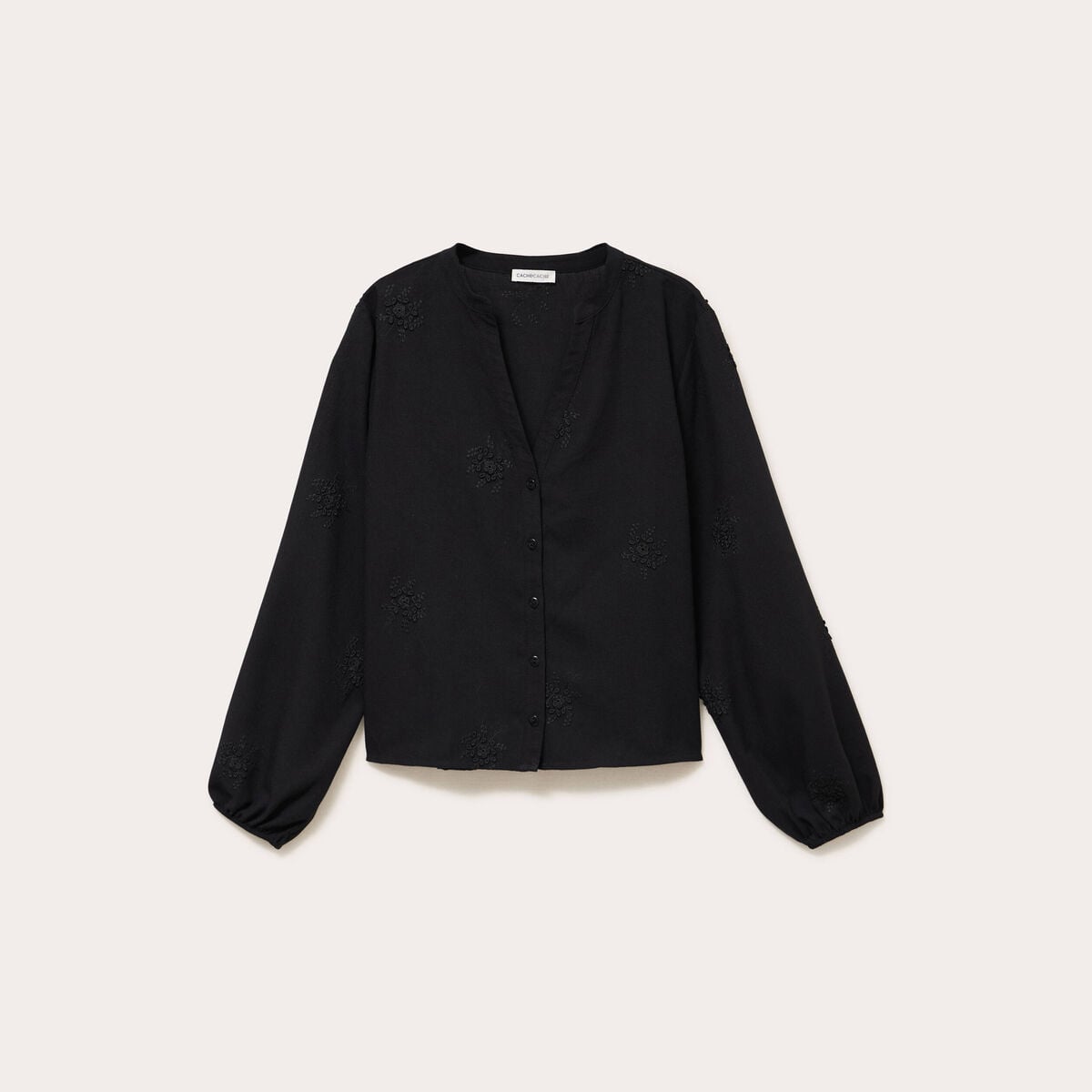 Blouse brod&eacute;e col V noir femme