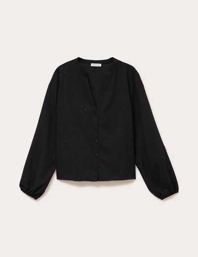 Blouse brod&eacute;e col V noir femme