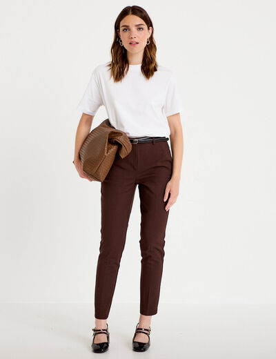 Pantalon cigarette ceintur&eacute; marron fonc&eacute; femme