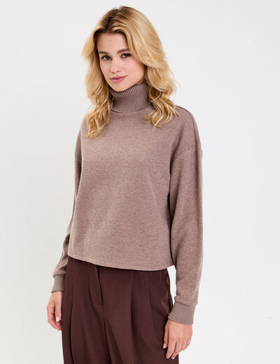 Sweat col roul&eacute; manches longues terracotta femme