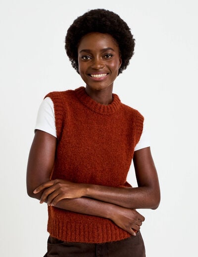 Pull sans manches marron cognac femme