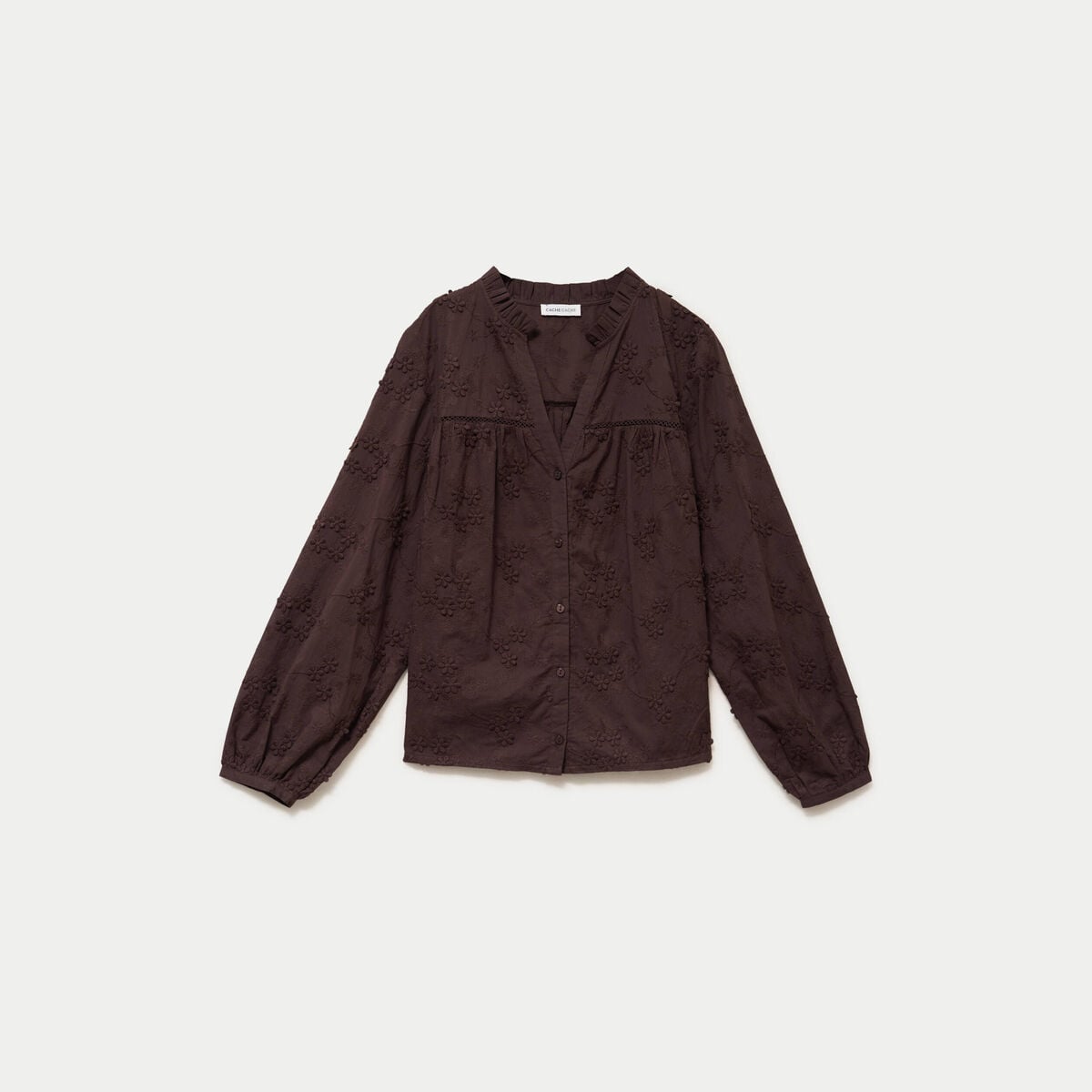 Blouse droite col rond manches longues marron fonc&eacute; femme