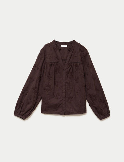 Blouse droite col rond manches longues marron fonc&eacute; femme