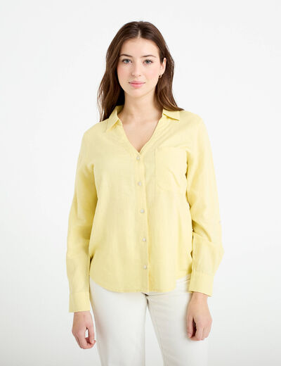 Chemise lin col V manches longues jaune pastel femme