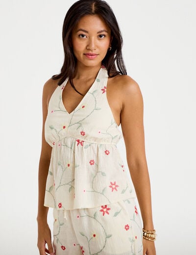 Top dos nu brod&eacute; blanc femme