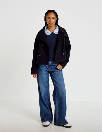 Caban court col montant bleu marine femme