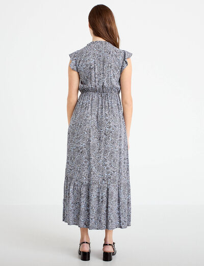 Robe longue &eacute;vas&eacute;e col v manches courtes bleu femme