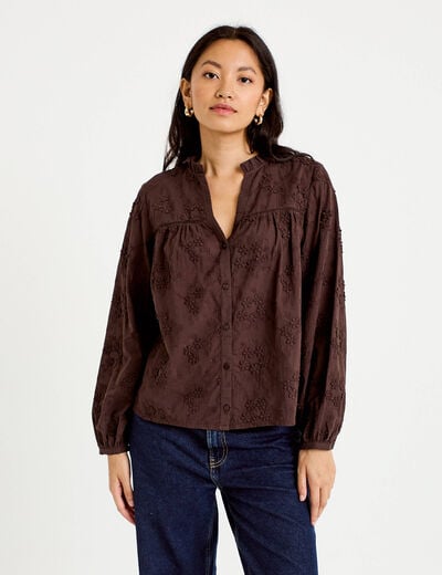 Blouse droite col rond manches longues marron fonc&eacute; femme