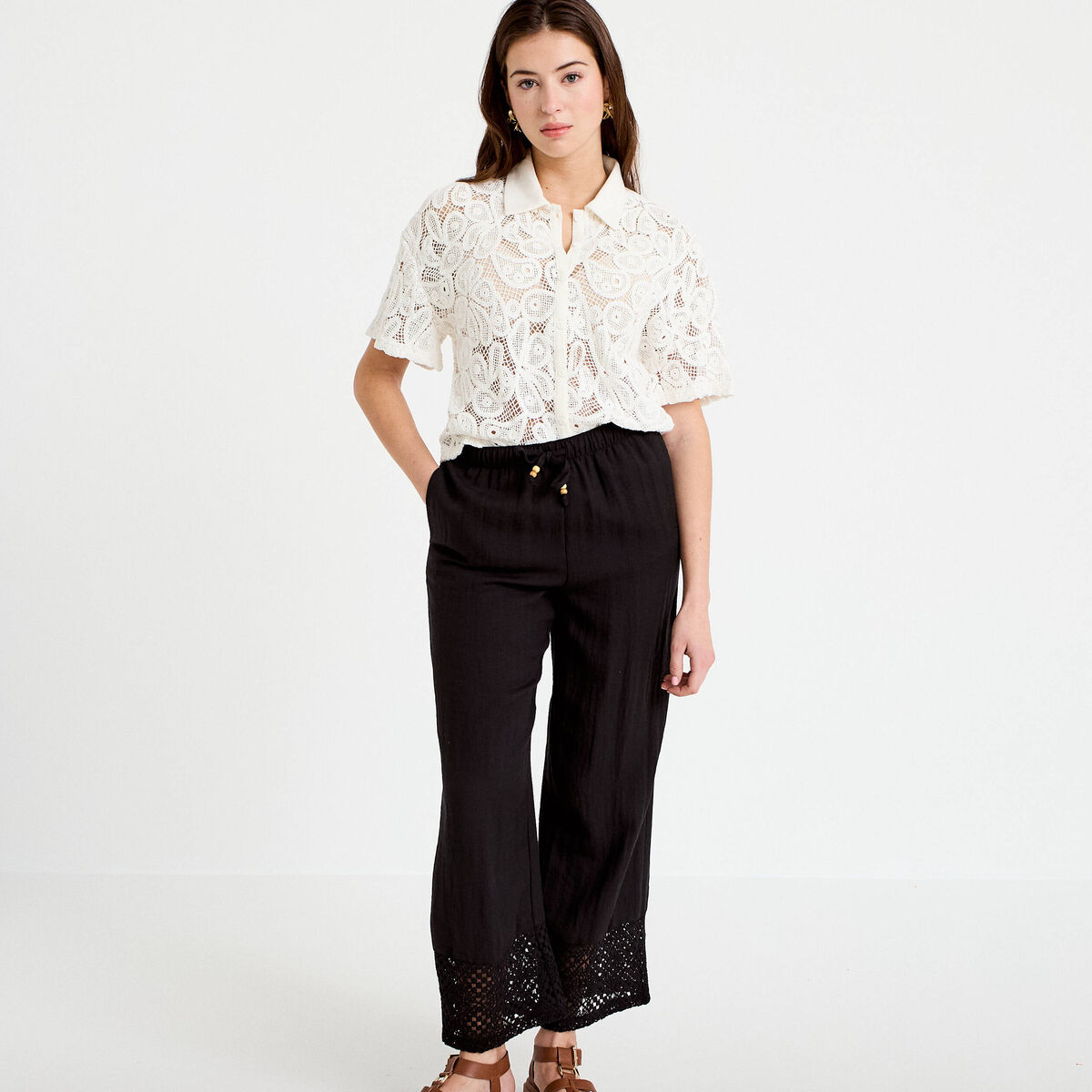 Pantalon large bi-mati&egrave;re pliss&eacute; noir femme