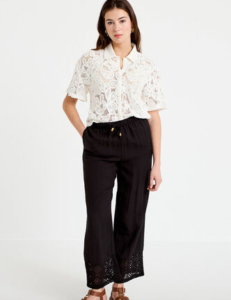Pantalon large bi-mati&egrave;re pliss&eacute; noir femme