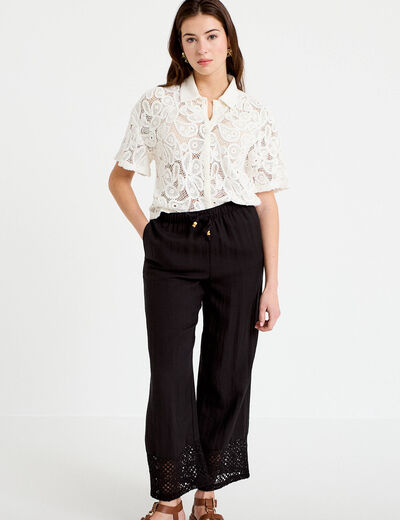 Pantalon large bi-mati&egrave;re pliss&eacute; noir femme