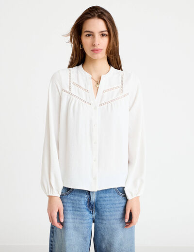 Blouse ajour&eacute;e col v manches longues ecru femme