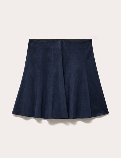 Jupe courte &eacute;vas&eacute;e aspect daim bleu marine femme