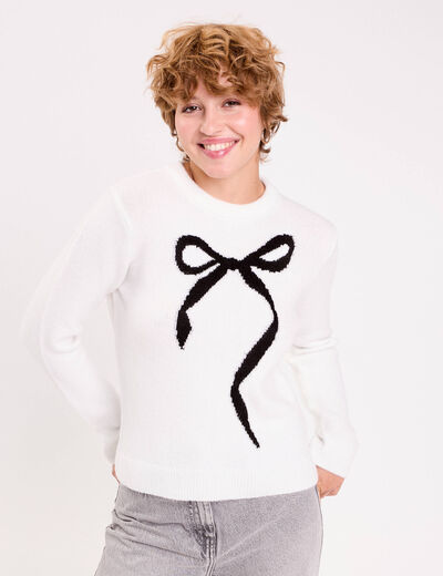 Pull motif noeud ecru femme
