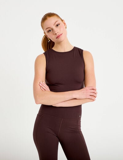 D&eacute;bardeur col rond marron fonc&eacute; femme