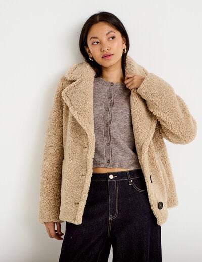 Manteau droit bouclettes col tailleur beige femme