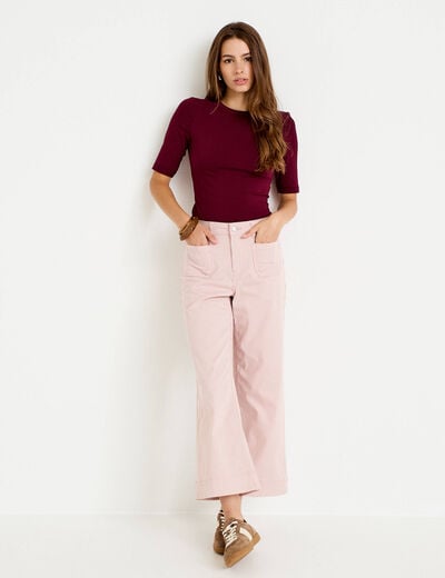 Pantalon large cropped taille haute rose nude femme