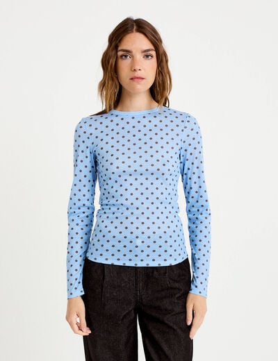 T-shirt ajust&eacute; col rond manches longues bleu ciel femme