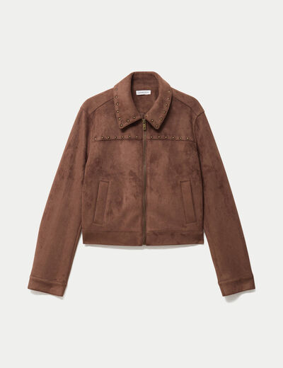 Veste droite cropped col tailleur marron femme