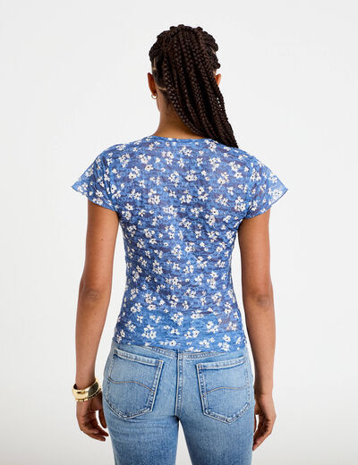 T-shirt ajust&eacute; court d&eacute;collet&eacute; dentelle bleu femme
