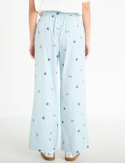 Pantalon large brod&eacute; Bridgerton bleu clair femme