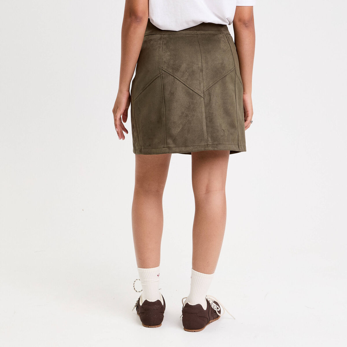 Jupe trap&egrave;ze courte aspect daim vert kaki femme