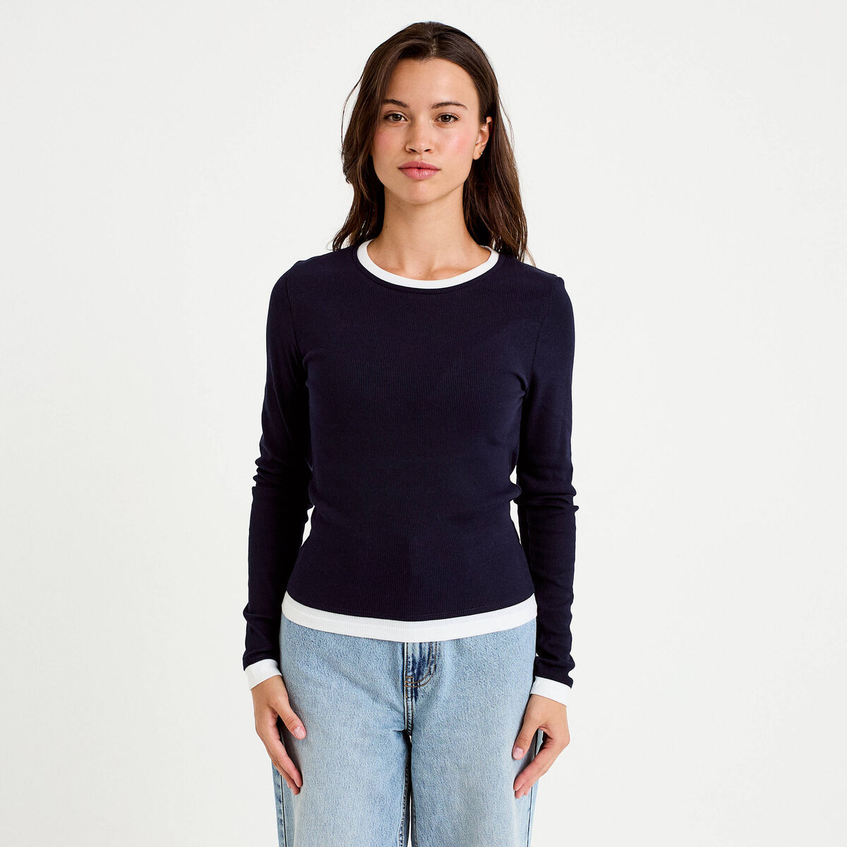 T-shirt 2-en-1 col rond manches longues bleu marine femme