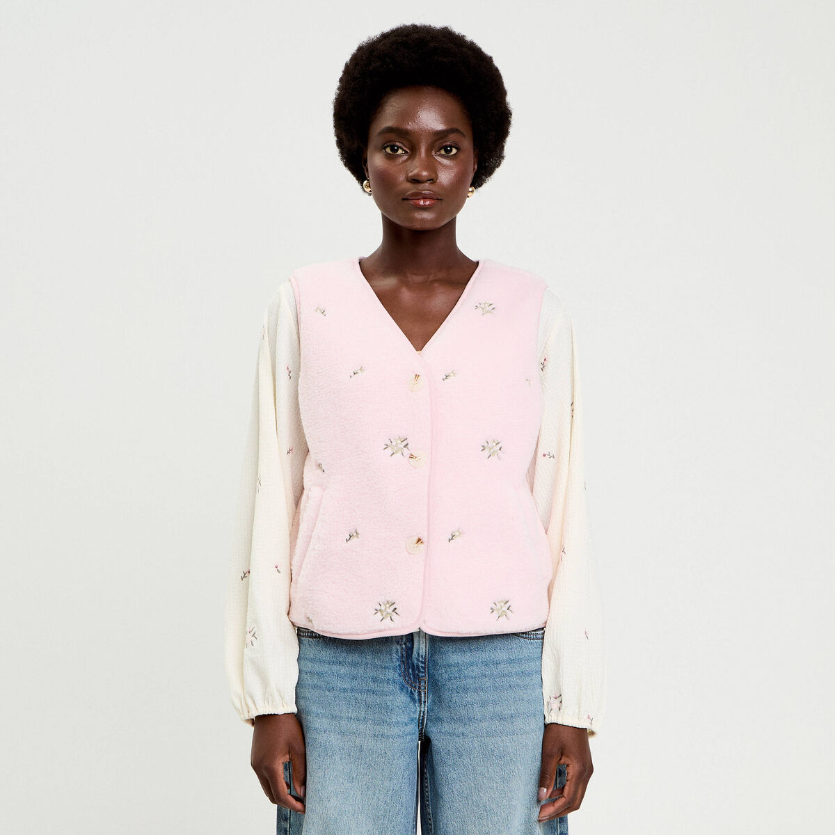 Gilet sans manches brod&eacute; effet polaire vieux rose femme
