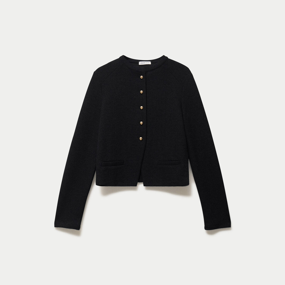 Veste tweed droite cropped col rond noir femme