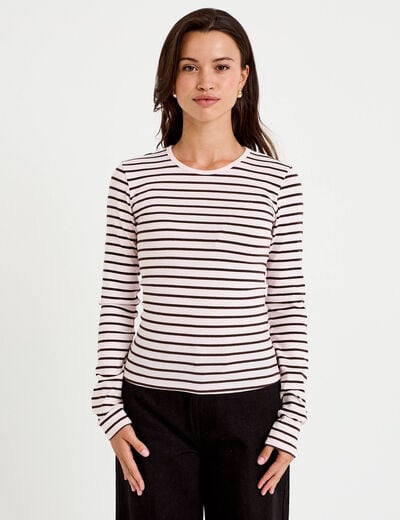 T-shirt ajust&eacute; col rond manches longues rose femme