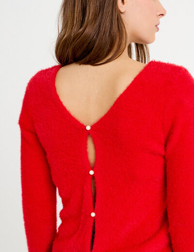 Pull col v manches longues perles rouge femme