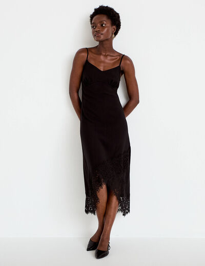Robe droite col v en dentelle noir femme