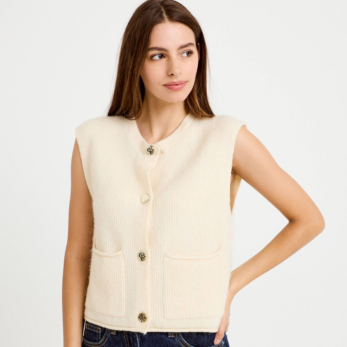 Gilet manches courtes fausse fourrure ecru femme