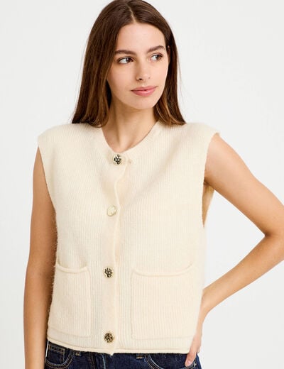 Gilet manches courtes fausse fourrure ecru femme